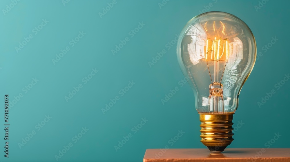 Illuminated light bulb on block with room for text on solid color background for impactful messaging - obrazy, fototapety, plakaty 
