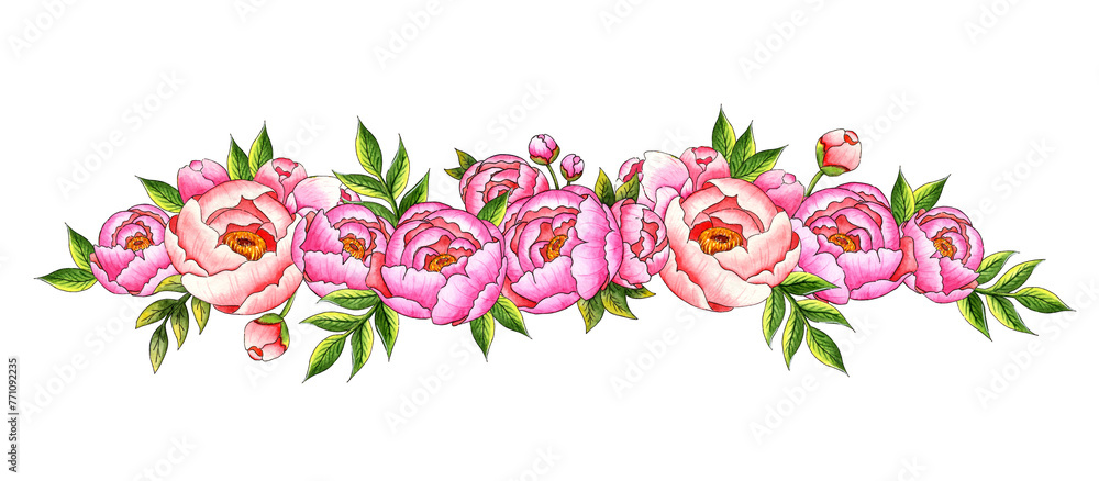 Watercolor illustration of a wreath border of pink peonies with buds and leaves. Botanical composition isolated from background. Great pattern for kitchen, home decor, stationery, wedding invitations,