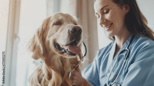 A content golden retriever patiently sits while a vet listens to its heartbeat with a stethoscope, showcasing proper pet healthcare photo