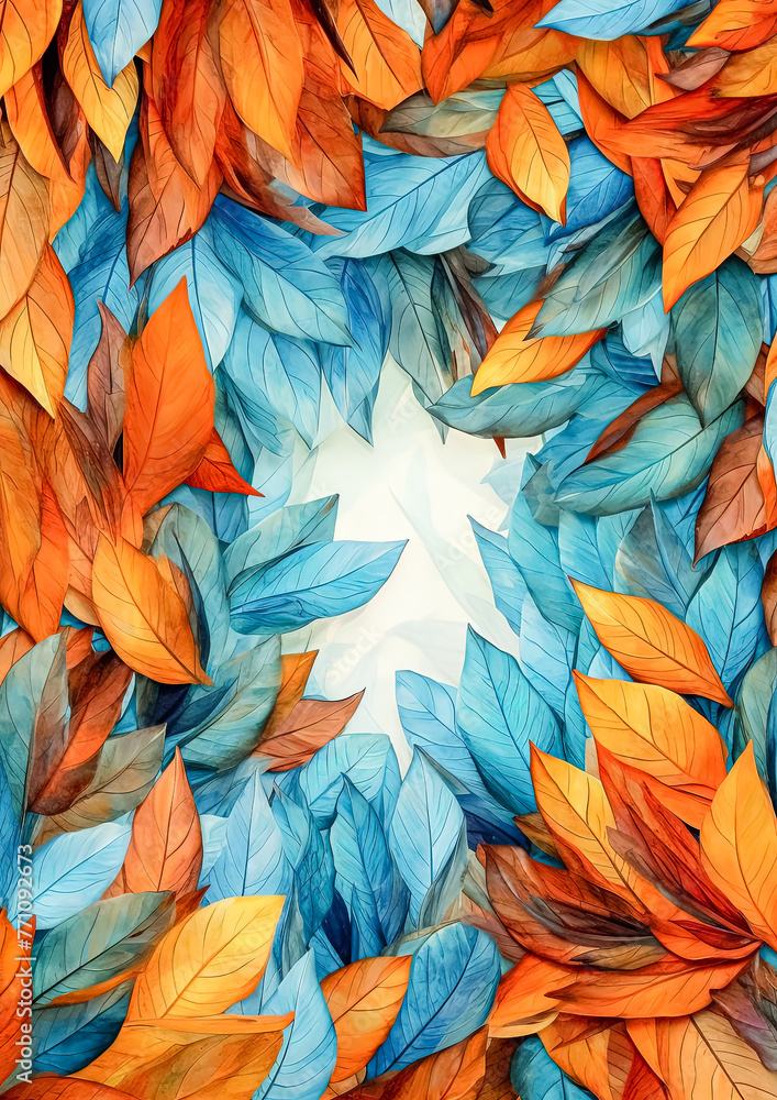 The image is a collage of orange and blue leaves, with the blue leaves being more prominent. The orange leaves are scattered throughout the collage, creating a sense of depth and texture The image is a collage of orange and blue leaves, with the blue leaves being more prominent. The orange leaves are scattered throughout the collage, creating a sense of depth and texture