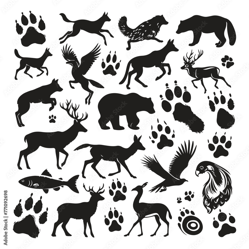 Silhouette set of different animals and their footprint Silhouette set of different animals and their footprint