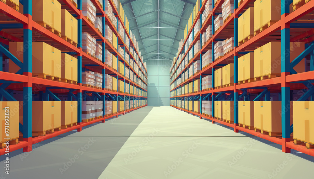 Efficient Inventory Management: Illustrating Warehouse Backgrounds with Organized Shelving and Distribution Supply
