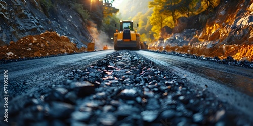 Road construction site with workers and machinery laying new asphalt pavement on a highway. Concept Construction, Asphalt Pavement, Highway, Workers, Machinery photo