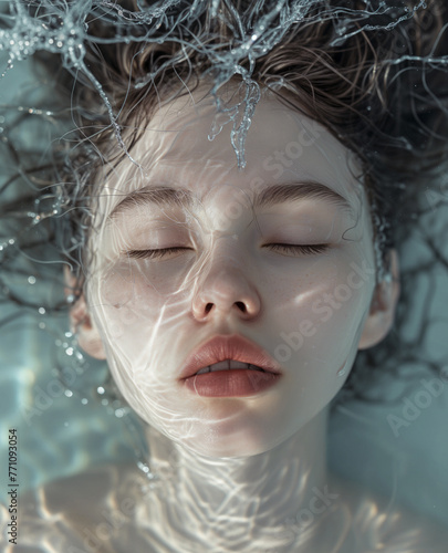 A portrait of young woman with her eyes closed, submerged in water up to her face