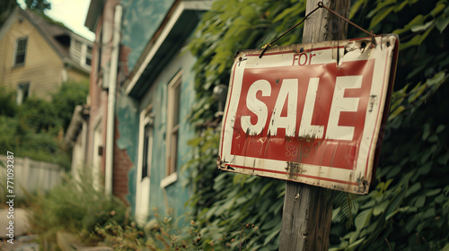 A derelict For Sale sign adds a sense of history and urban decay in front of a colorful, old-style house