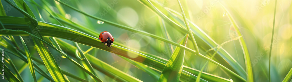 Close-up of a red ladybug climbing up vibrant green blades of grass against a softly blurred background Close-up of a red ladybug climbing up vibrant green blades of grass against a softly blurred background