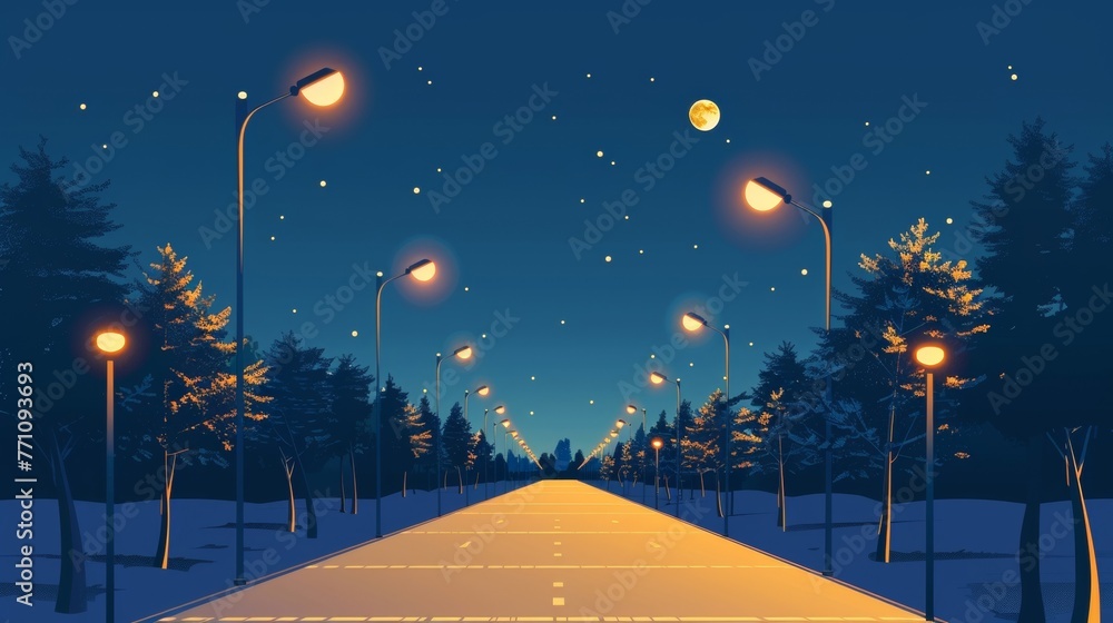 A pathway lined with solar street lights casting a warm and welcoming light for pedestrians at night. . . - obrazy, fototapety, plakaty 
