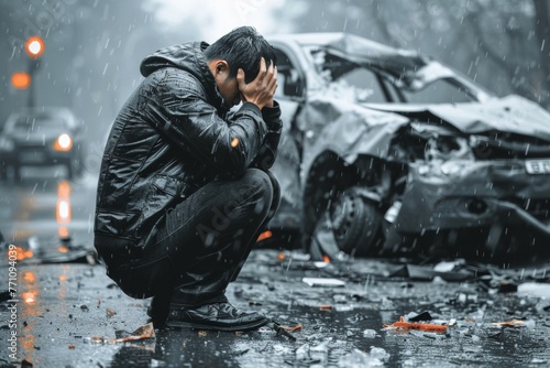 Emotional aftermath: Man in anguish beside crashed car, grappling with the aftermath