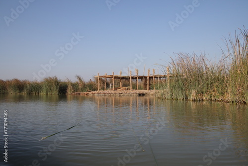 Buffalo corral in the marshes of Iraq with blue sky and water