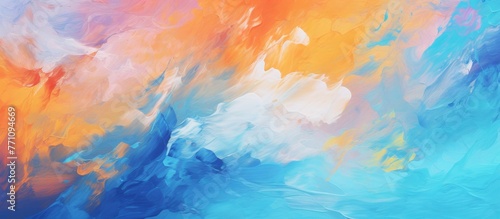 A vibrant painting featuring a closeup of colorful cumulus clouds set against a blue and orange sky. The natural landscape evokes a sense of art and beauty in the afterglow photo