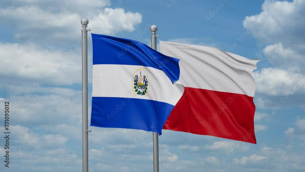Poland and Salvador two flags waving together, looped video, two country cooperation concept Poland and Salvador two flags waving together, looped video, two country cooperation concept
