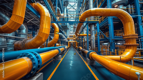 A weave of yellow and blue industrial pipes set against the backdrop of a vividly colored manufacturing plant