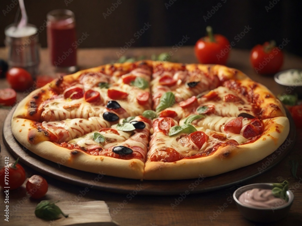 pizza with salami and tomatoes