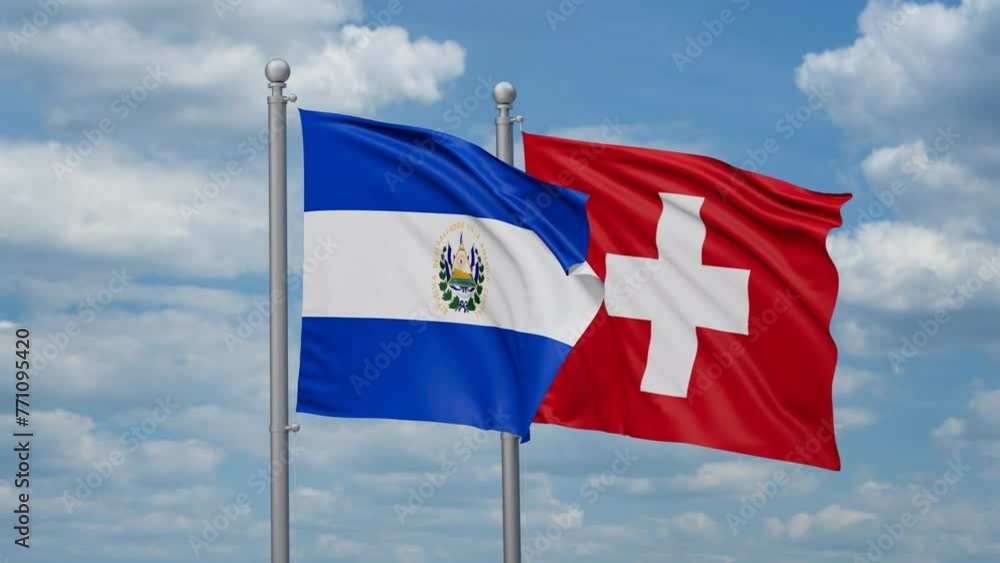 Switzerland and Salvador two flags waving together, looped video, two country cooperation concept Switzerland and Salvador two flags waving together, looped video, two country cooperation concept