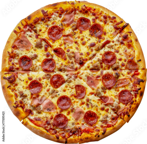 Supreme pizza with mixed toppings cut out on transparent background