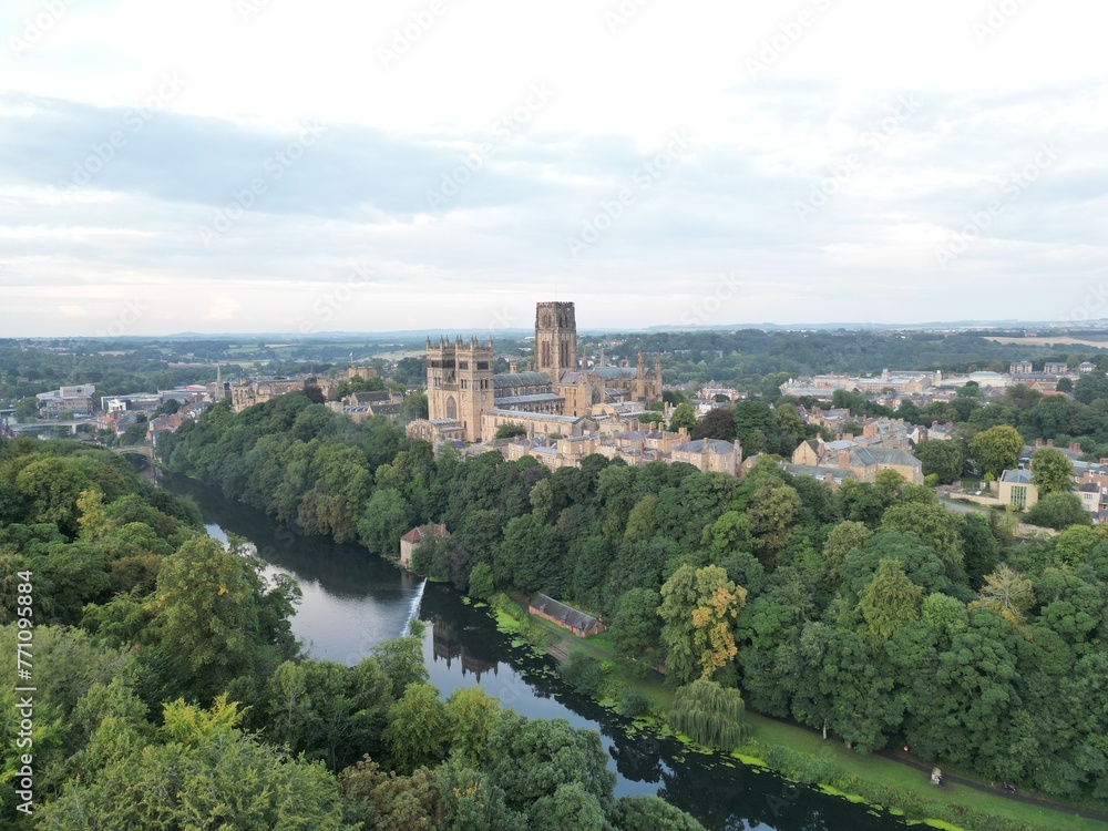 Panorama over Durham city including cathedral, castle, and the River Wear in Durham, UK