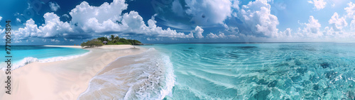 This captivating panoramic showcases an isolated island with waves gently washing upon its white sandy beaches, contrasting with the deep blue ocean photo
