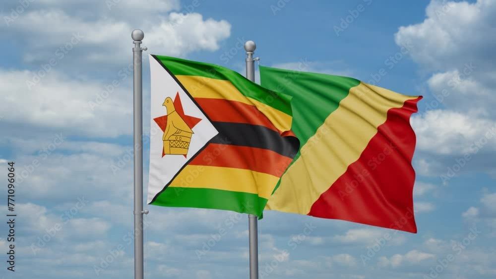 Republic of the Congo and Zimbabwe two flags waving together, looped video, two country relations concept