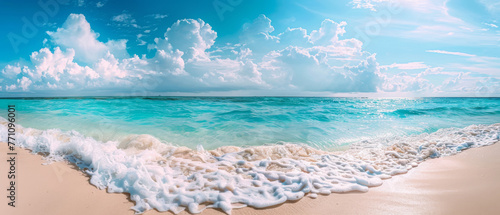 A breathtaking panoramic view of a serene beach with white sands, turquoise waters, and fluffy white clouds in a clear blue sky
