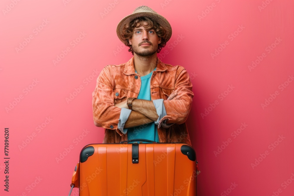 Young caucasian man over isolated background in vacation with travel suitcase and a hat Young caucasian man over isolated background in vacation with travel suitcase and a hat