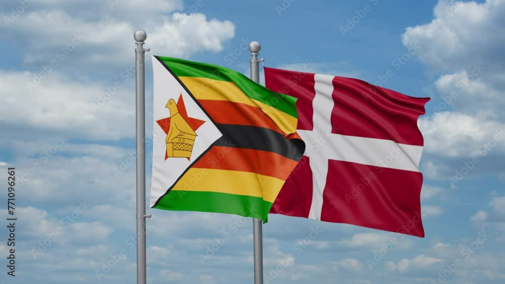 Denmark and Zimbabwe two flags waving together, looped video, two country relations concept Denmark and Zimbabwe two flags waving together, looped video, two country relations concept
