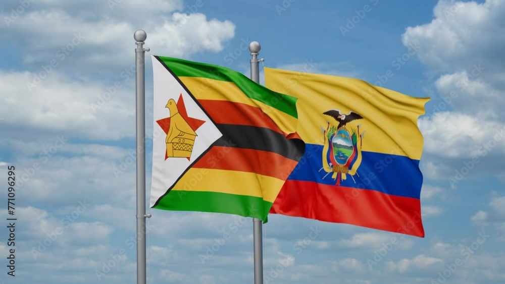 Ecuador and Zimbabwe two flags waving together, looped video, two country relations concept Ecuador and Zimbabwe two flags waving together, looped video, two country relations concept