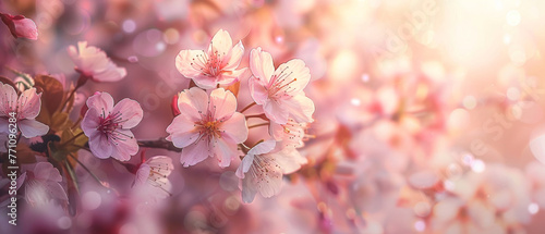 Warm light floods this scene of cherry blossoms, enhancing their pink hue juxtaposed with a beautiful bokeh background