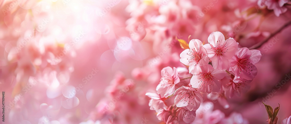 Beautifully soft pink cherry blossoms captured in ethereal lighting, creating a delicate and romantic atmosphere