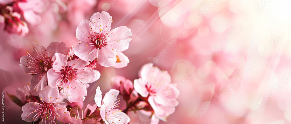Warm light rays beam through delicate cherry blossoms, evoking feelings of warmth and comfort