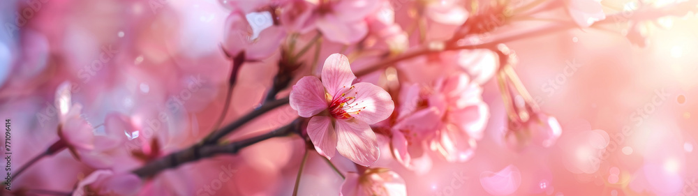 Beautiful close-up of a cherry blossom branch highlighted by a soft, enchanting light that emphasizes the delicate pink petals
