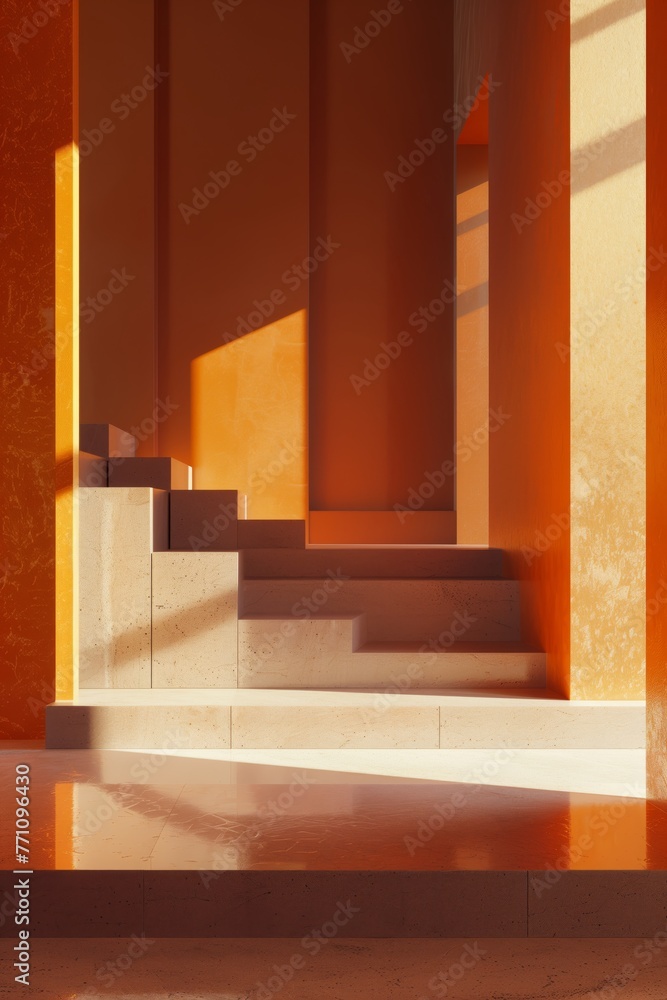 The serene orange ambiance of a staircase bathed in warm sunlight with contrasting shadows. The play of light and shadow creates a geometric pattern across the steps and the adjacent wall. The serene orange ambiance of a staircase bathed in warm sunlight with contrasting shadows. The play of light and shadow creates a geometric pattern across the steps and the adjacent wall.