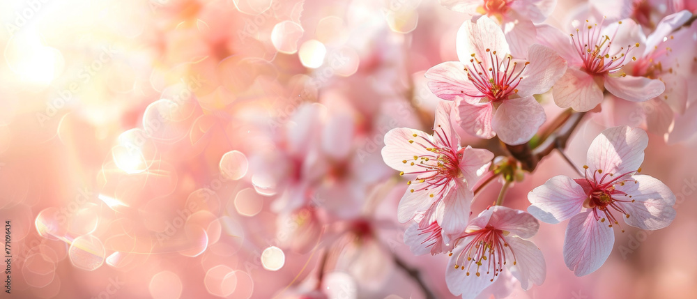 Majestic cherry blossoms bathed in sunlight with pink bokeh, symbolizing life and growth