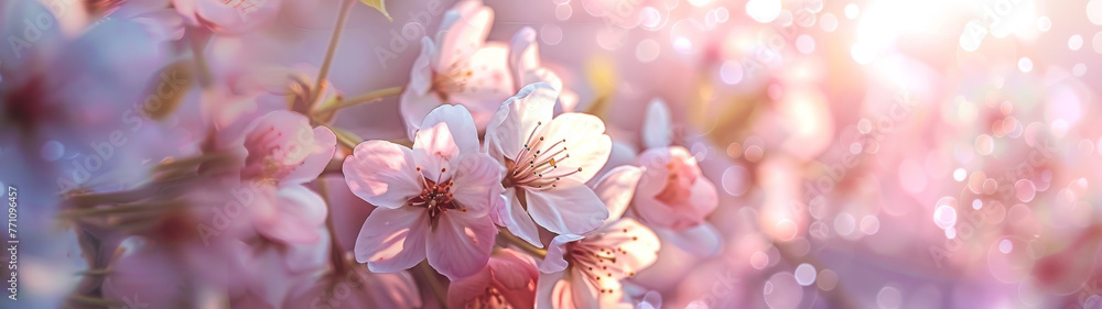 A captivating shot of cherry blossom twigs set against a glittering bokeh background, highlighting the flowers' grace