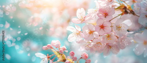 Vivid pink cherry blossoms against a blue bokeh background, reflecting freshness and natural beauty
