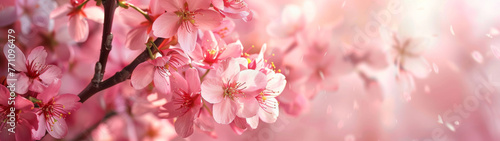 Close-up of soft pink cherry blossoms, radiantly bathed in warm sunlight, creating a vibrant yet tranquil image