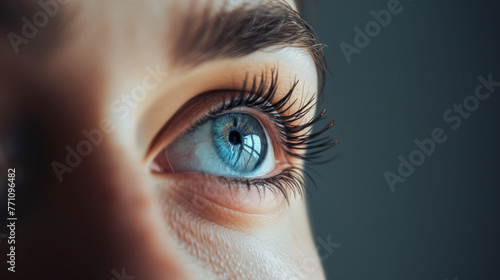 A close-up of a blue eye with long eyelashes photo