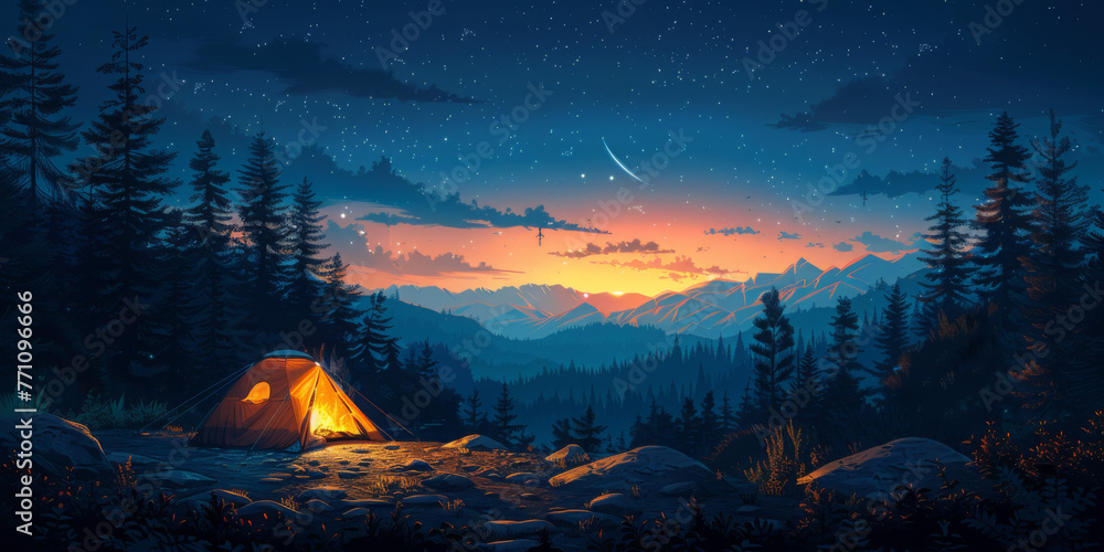 tent camp and sunset sky - obrazy, fototapety, plakaty 