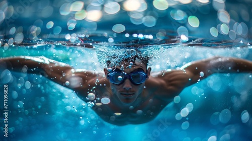 A swimmer wearing goggles is enjoying leisure time in a liquid pool