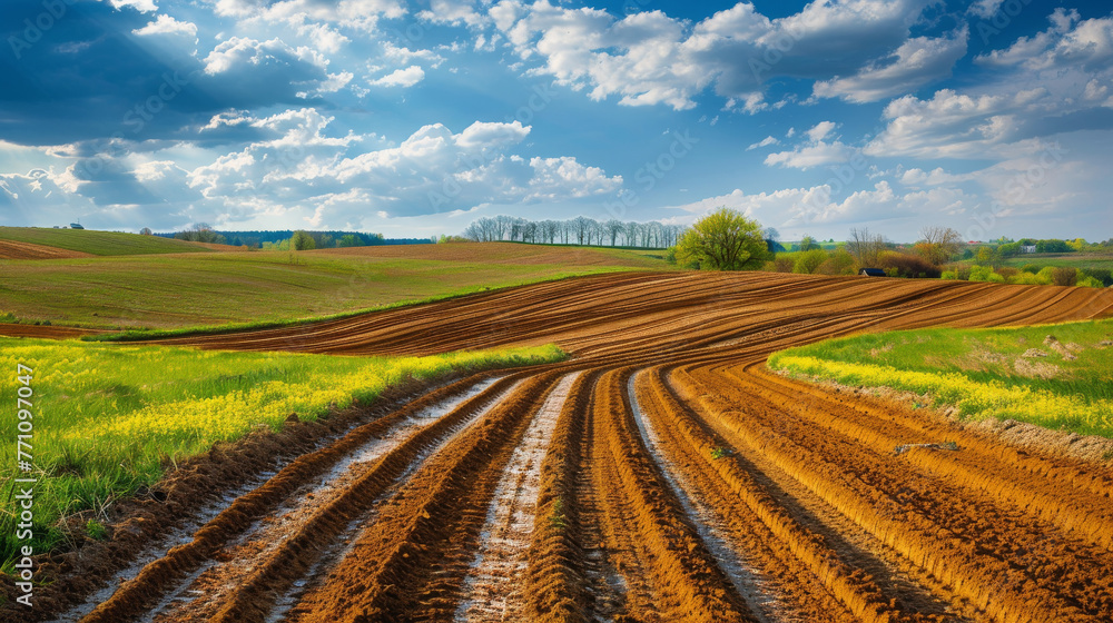 This captivating image showcases a freshly plowed field with the rich brown earth contrasted against a vivid blue sky and fluffy clouds