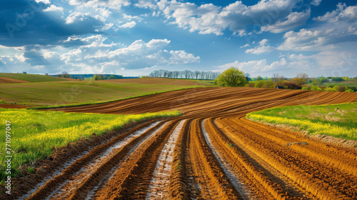 This captivating image showcases a freshly plowed field with the rich brown earth contrasted against a vivid blue sky and fluffy clouds