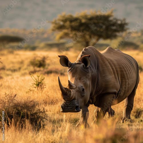 Majestic Rhino in Natural Habitat at Sunset