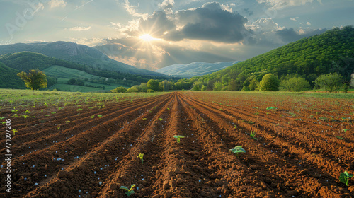 Warm sunset illuminating a plowed farmland with rows of young plants and mountainous background