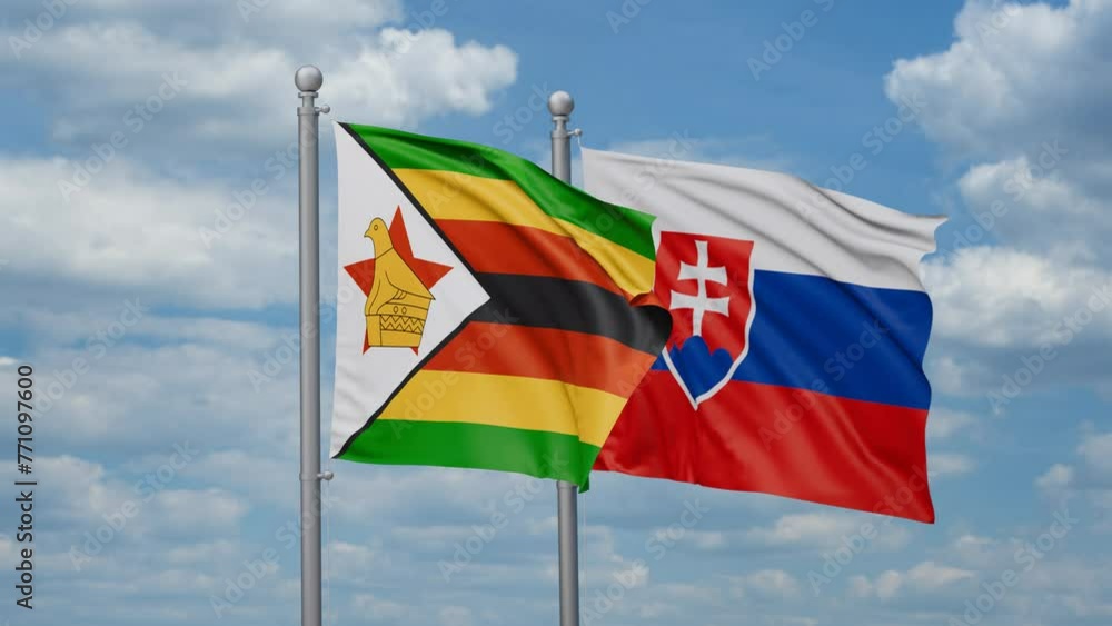Slovak Republic or Slovakia and Zimbabwe two flags waving together, looped video, two country cooperation concept Slovak Republic or Slovakia and Zimbabwe two flags waving together, looped video, two country cooperation concept