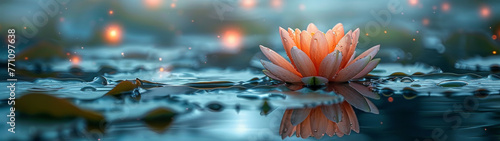A radiant orange water lily sits elegantly upon a serene twilight-tinged pond with sparkling water droplets