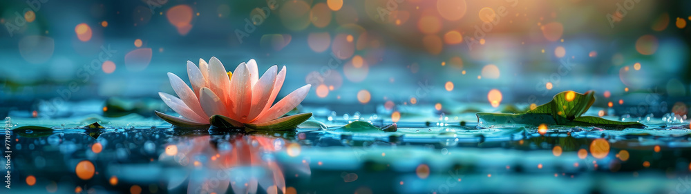 A panoramic shot capturing a water lily on glimmering water reflecting warm light A panoramic shot capturing a water lily on glimmering water reflecting warm light