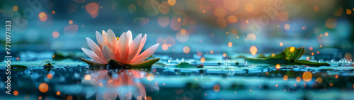 A panoramic shot capturing a water lily on glimmering water reflecting warm light