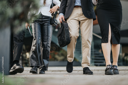 Diverse professionals in smart attire engage in a conversation about business growth while walking outside the office.