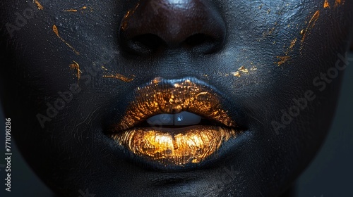 Close-up of golden lips on a black textured background, Concept of luxury, bold beauty, and abstract art
