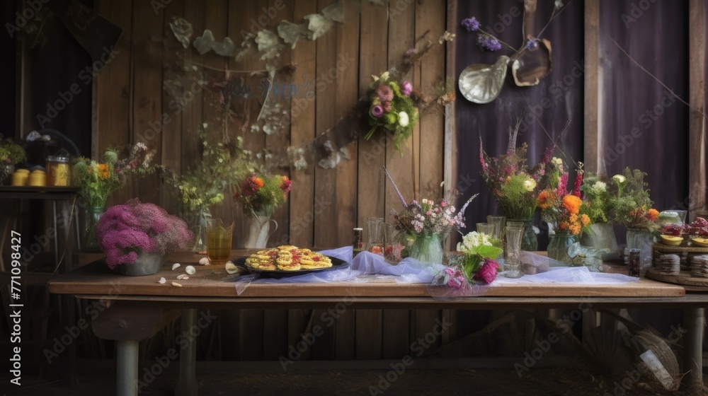 Vintage birthday party with upcycled decorations, antique glassware and classical music set against a rustic barn backdrop surrounded by wildflowers --ar 16:9 --quality 0.5 --stylize 0 --v 5.2 Job ID