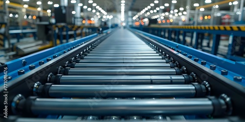 Roller conveyor used for transporting objects in a production line. Concept Manufacturing, Automation, Transportation, Conveyor Systems, Production Line